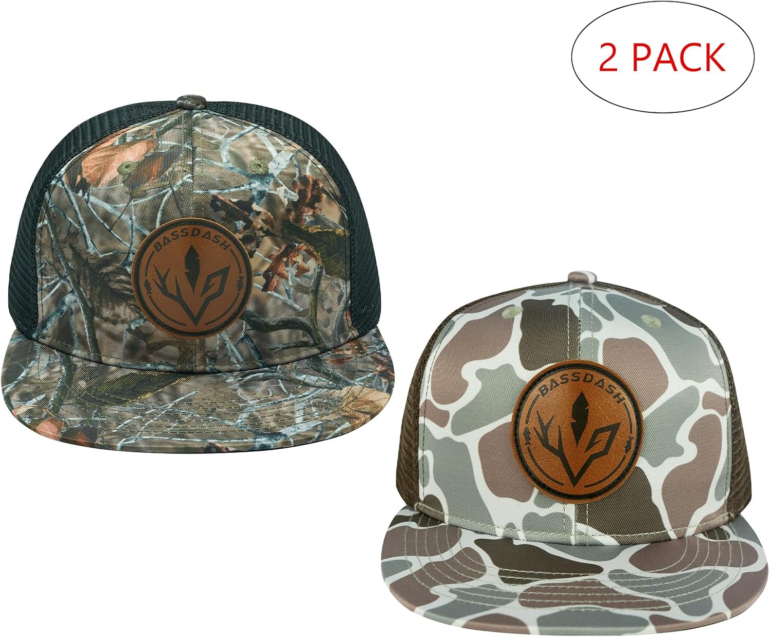 Lot de 2 Casquettes de Camionneur à Bord Plat Réglable avec Dos en Maille pour Hommes et Femmes Pêche Chasse Pack of 2, Autumn Forest & Color Block Camo
