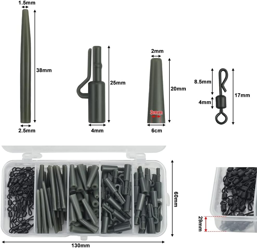 40 pièces Accessoires de pêche à la Carpe avec boîte matériel de pêche à la Carpe Manchons Anti-enchevêtrement Queue Tubes en Caoutchouc pour Plates-Formes de bouillettes de Carpe