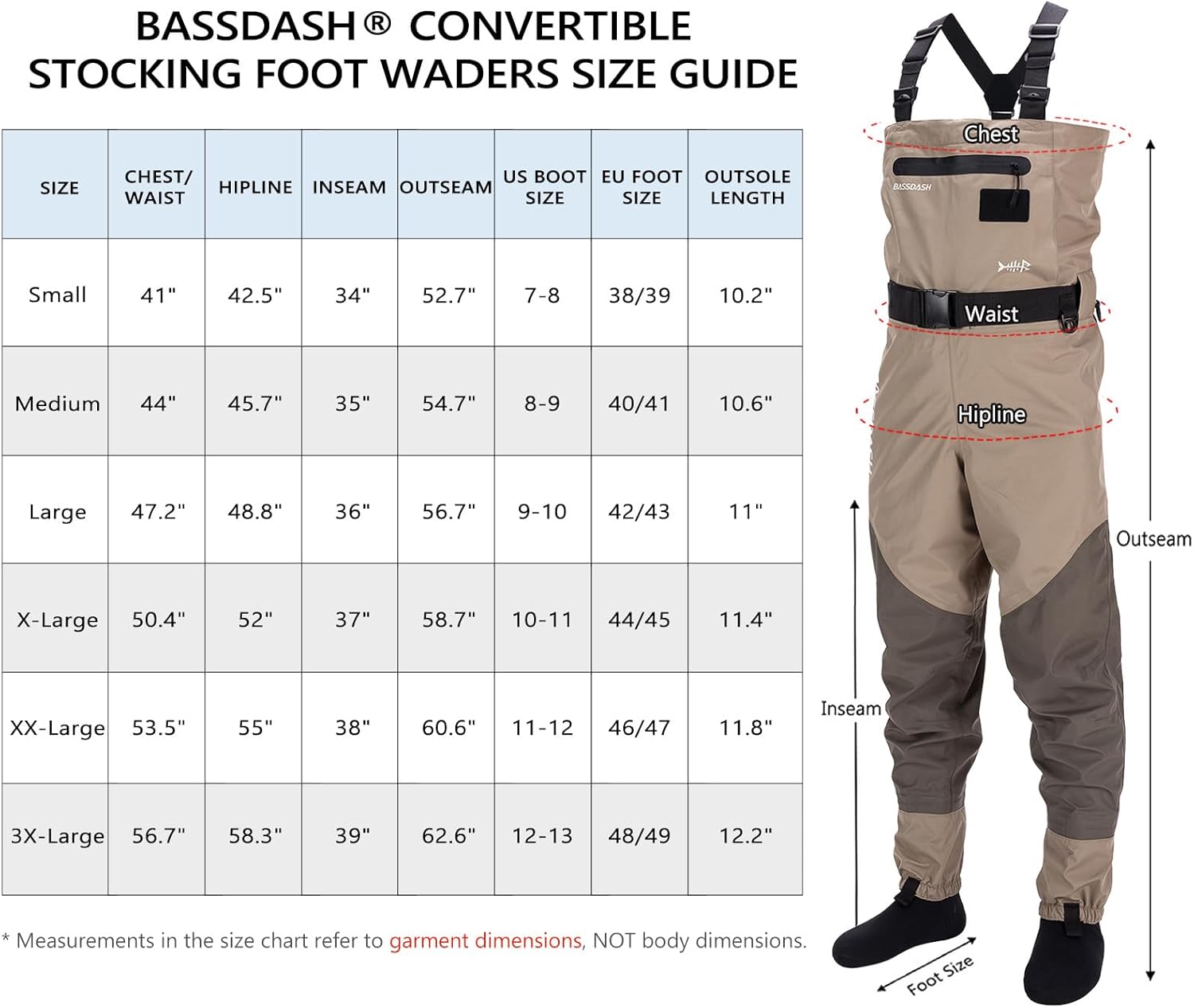 Waders Respirants Convertibles Poitrine/Taille pour Pêche et Chasse à Pieds Chaussettes pour Hommes XXL