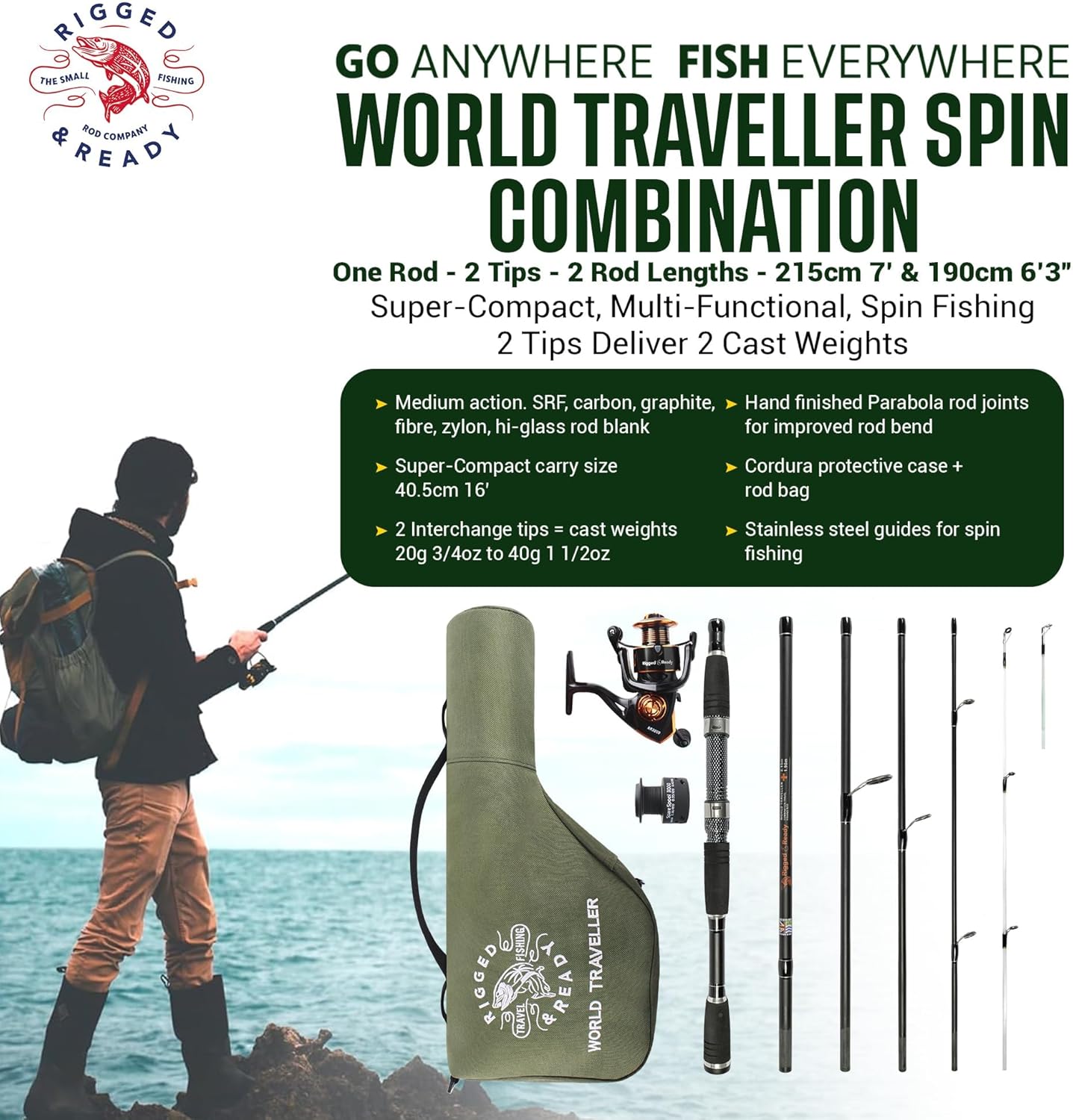 Rigged and Ready World Traveller Travel Fishing Rod Reel & Case Set Compact 6 Sections, 2 Tips 215 cm 7 inches + 1.9 cm 6 inches 2.5 cm Nano Carbon Fishing Rod Options Spin Bait Carp Pike Sea Fishing Black with SIlver Highlights