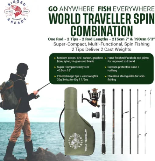 Rigged and Ready World Traveller Travel Fishing Rod Reel & Case Set Compact 6 Sections, 2 Tips 215 cm 7 inches + 1.9 cm 6 inches 2.5 cm Nano Carbon Fishing Rod Options Spin Bait Carp Pike Sea Fishing Black with SIlver Highlights