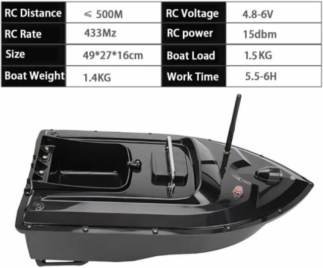 Bateau de Pêche Sans Fil Télécommandé - Appât et Largage d'Appâts pour la Pêche à la Carpe - Noir Avec Détecteur de Poissons Bateau Noir avec Détecteur de Poissons