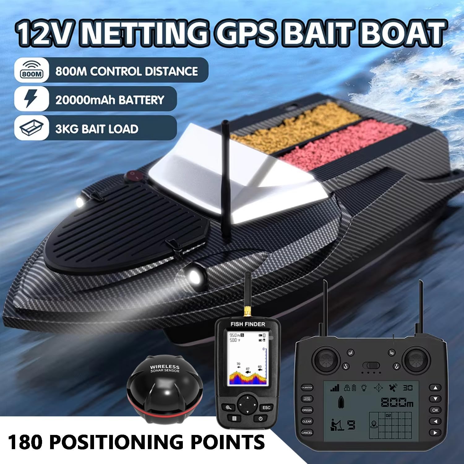 Bateau Amorceur GPS Carpe avec Sondeur, Peche Bateau de pêche, 180 Points, Télécommande Intelligente 800m, Double Bac 3KG à Libération Indépendante, Retour Automatique, LED, Coque ABS