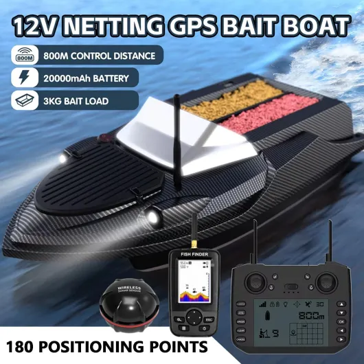 Bateau Amorceur GPS Carpe avec Sondeur, Peche Bateau de pêche, 180 Points, Télécommande Intelligente 800m, Double Bac 3KG à Libération Indépendante, Retour Automatique, LED, Coque ABS