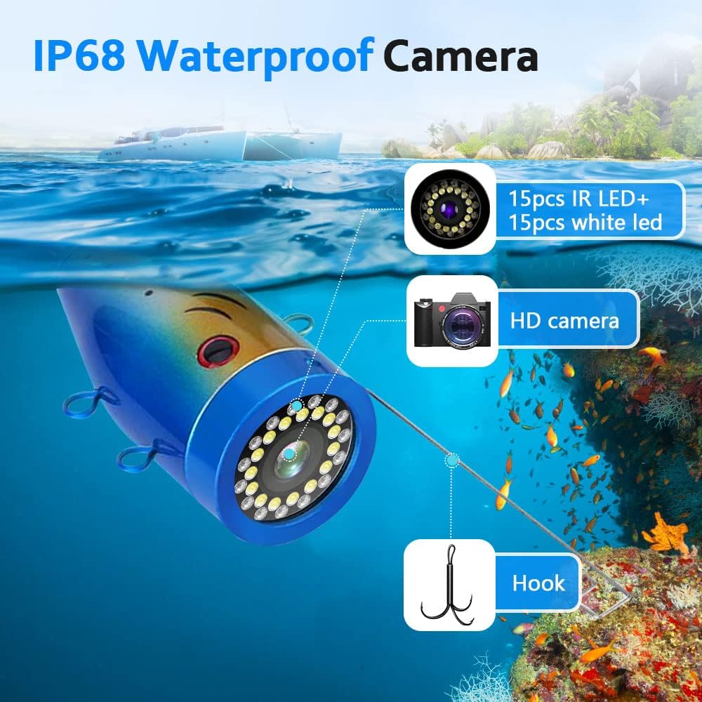 Camera sous Marine Peche, Moniteur 7 Pouces Appareil Photo Fish Finder 1000TVL Caméra étanche Câble 15m pour Pêche sur Glace, en lac et en Bateau 30M with DVR