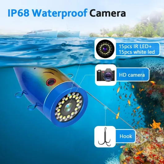 Camera sous Marine Peche, Moniteur 7 Pouces Appareil Photo Fish Finder 1000TVL Caméra étanche Câble 15m pour Pêche sur Glace, en lac et en Bateau 30M with DVR