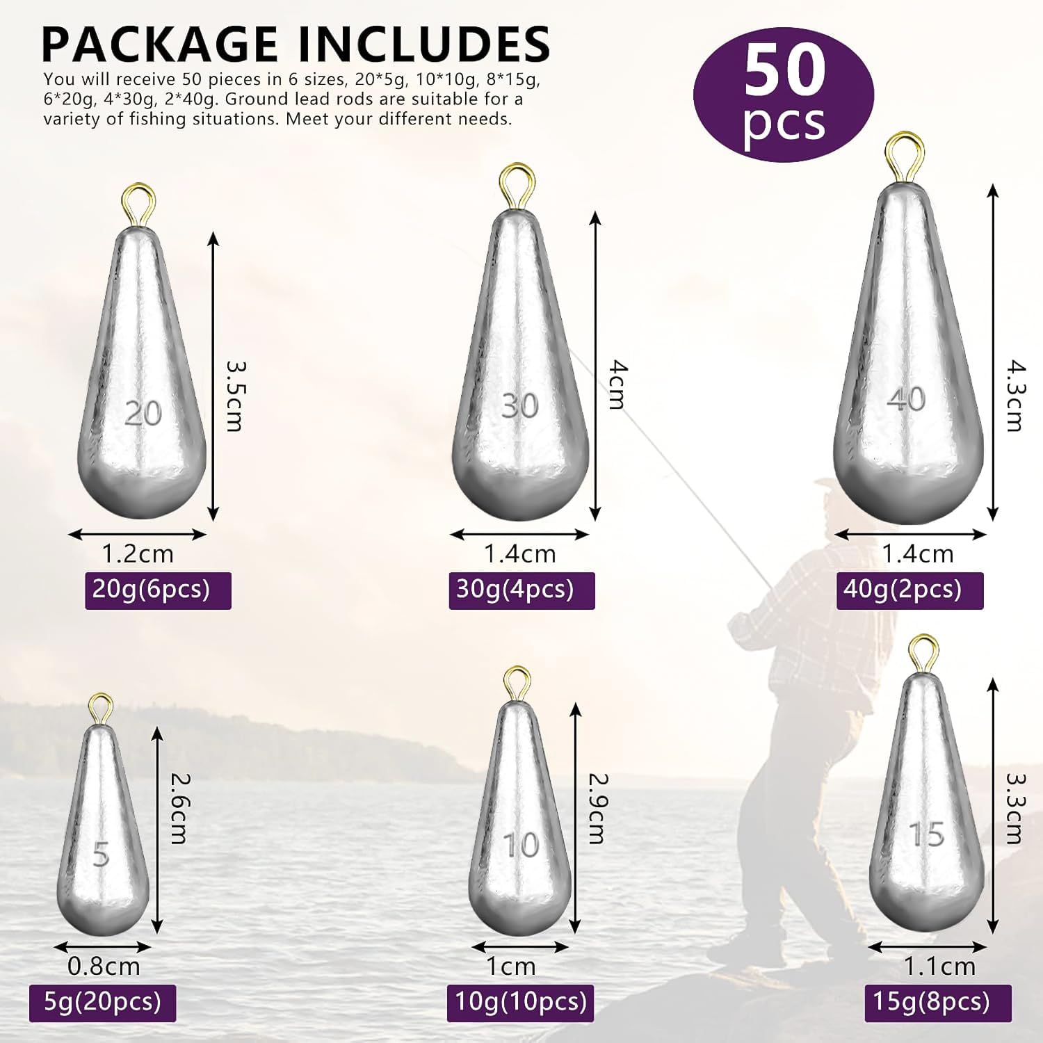 50 PCS Plomb Peche Mer, Poids de Pêche 5 g/ 10 g/ 15 g/ 20 g/ 30 g/ 40 g avec Boîte de Rangement pour Plein Air et Pêche en Mer