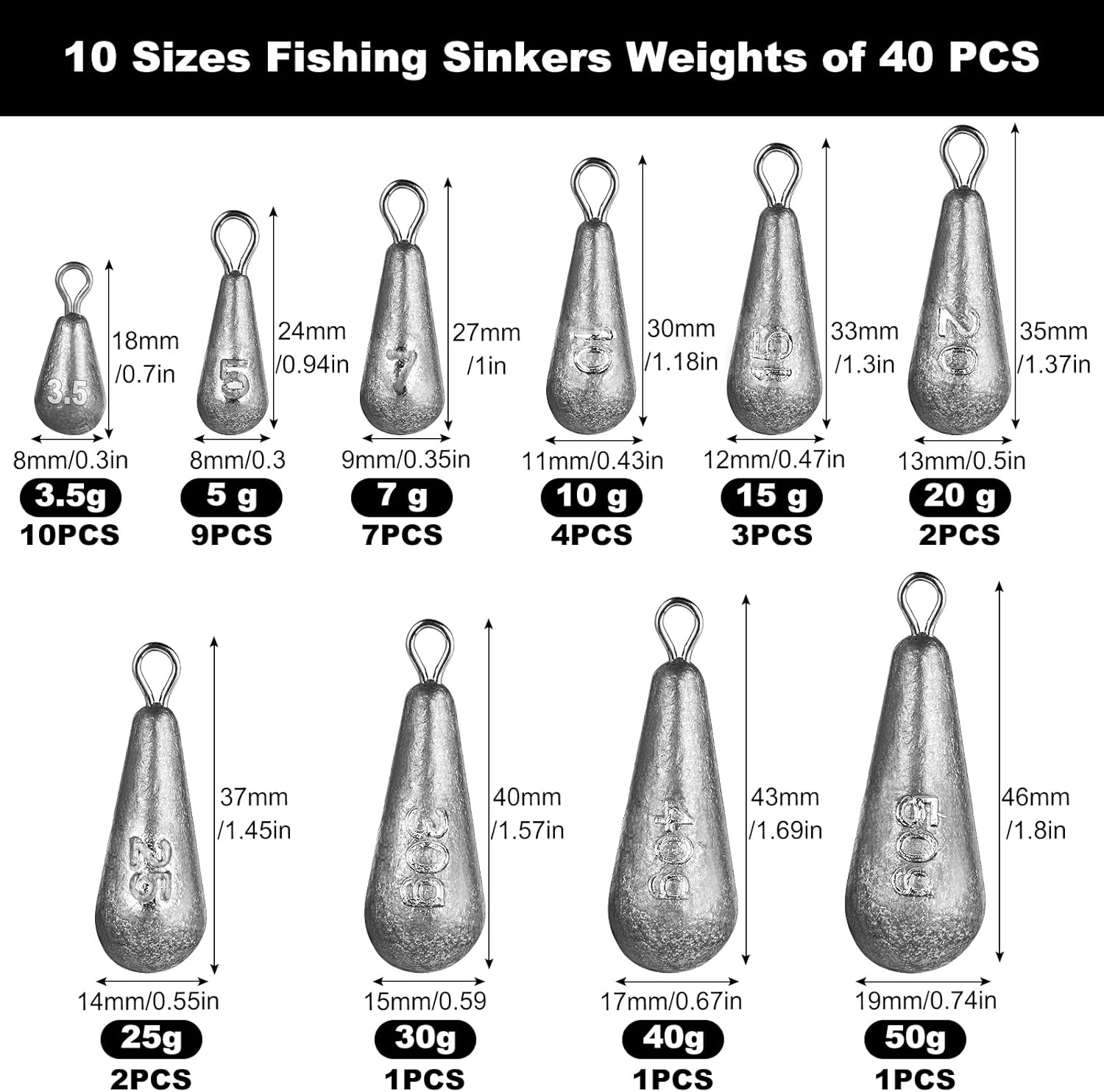 40 Pièces Petits Poids de Pêche Mixtes 10 Tailles 3.5g 5g 7g 10g 15g 20g 25g 30g 40g 50g Poids de Plombs de Pêche en Fer avec Émerillon pour Pêche en Eaux Profondes & Flottante & en Mer