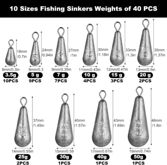 40 Pièces Petits Poids de Pêche Mixtes 10 Tailles 3.5g 5g 7g 10g 15g 20g 25g 30g 40g 50g Poids de Plombs de Pêche en Fer avec Émerillon pour Pêche en Eaux Profondes & Flottante & en Mer