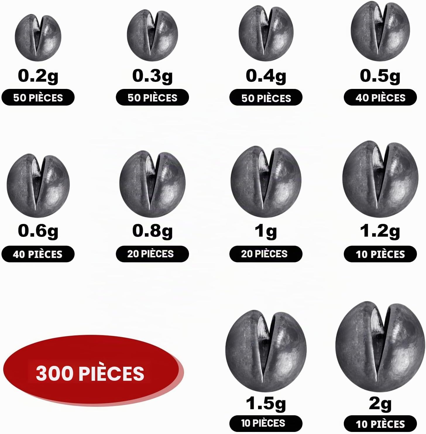 300 Pièces/10 Tailles Plombs de Pêche en Forme de Bille Set 2/1.5/1.2/1/0.8/0.6/0.5/0.4/0.3/0.2 g Plombs Amovibles Pesés pour Stabilisation de la Ligne et de l'Appât