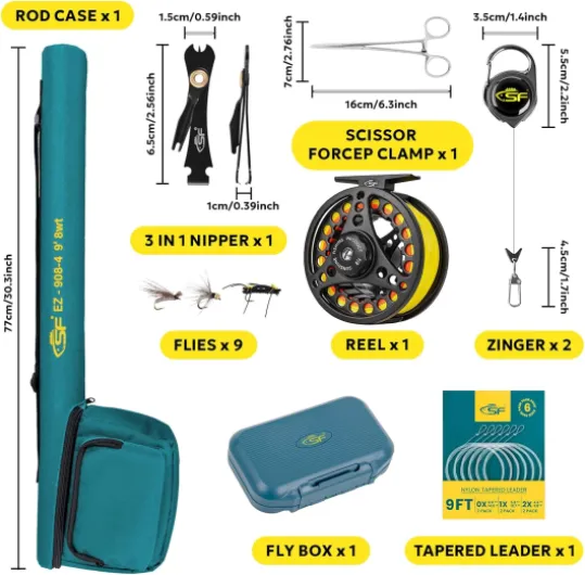 SF Lot de 4 cannes à pêche à la mouche en fibre de carbone 24T 3 WT 2,3 m, 4 WT 2,4 m, 5/6/7/8 WT 2,7 m Vert émeraude 24T Canne en fibre de carbone avec étui, moulinet pré-bobiné, boîte à mouches avec Canne à mouches Vert émeraude 8 W 9', 8wt, 4sec, M.F
